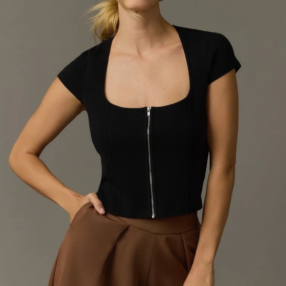 Maeve Anthropologie Black Zip Front Square Neck Knit Corset Top Small NWT